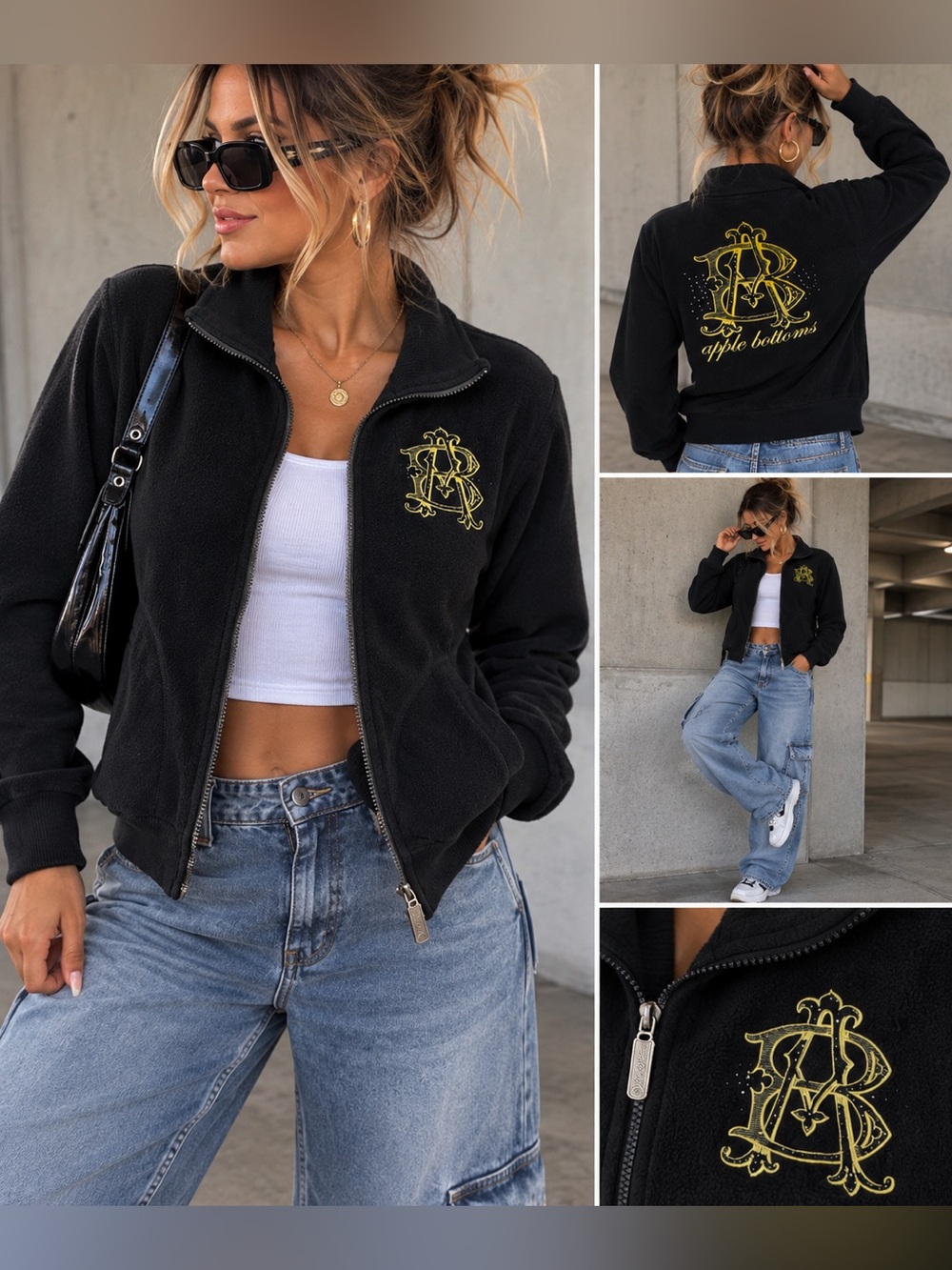 Vintage Apple Bottoms Black Gold Logo Zip Up Jacket Y2K Bling - large